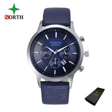 Load image into Gallery viewer, North Luxury Men Watches Waterproof Genuine Leather Fashion Casual Wristwatch Man Business Sport Clock Classic Blue Silver 6009